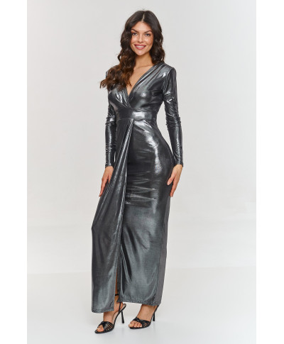 Metalinė maksi suknelė su prapjova grafito spalvos M886