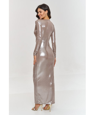 Metāliska maxi kleita ar šķēlumu cappuccino M886