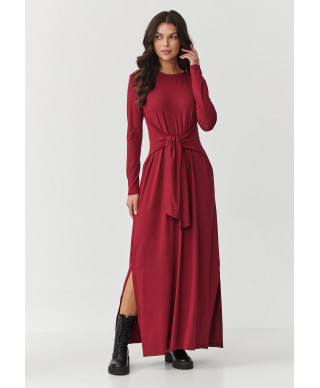 suknele moteriska maxi is viskozes su risimu per liemeni ir rozcięciami po bokach bordo M894
