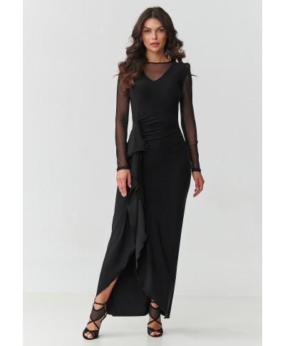 suknele maxi su tiulem ir falbaną juoda M910