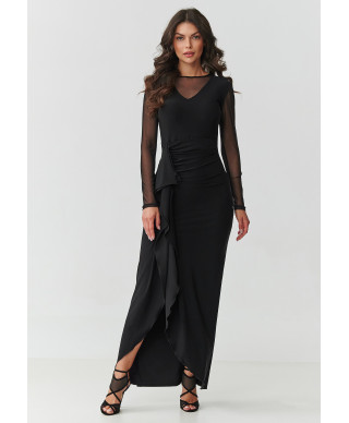 suknele maxi su tiulem ir falbaną juoda M910