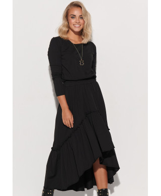 Trikotāžas maxi kleita ar gumiju un volāniem melna M573