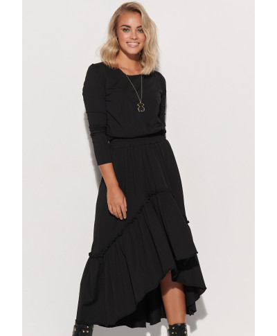 Trikotāžas maxi kleita ar gumiju un volāniem melna M573