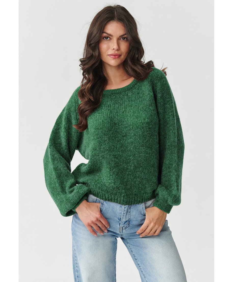 Klasikinis moteriškas megztinis su kid moheros priedu ir vilna, butelio žalumo, S168