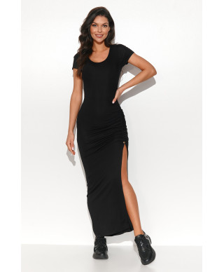 Prigludusi ilga suknelė su raukiniu šone juoda NU426