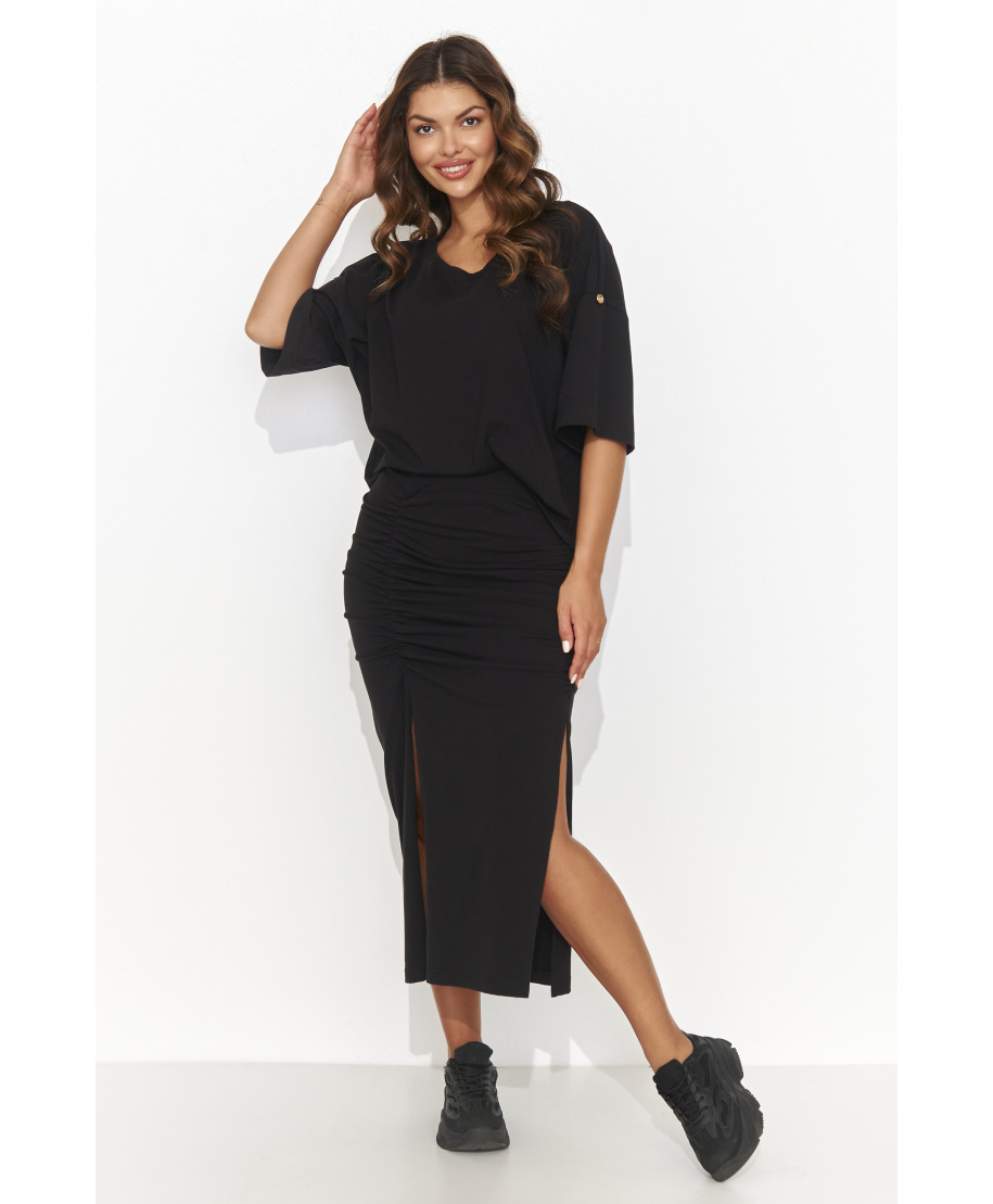 moteriskas komplektas megztas su długą dopasowaną spódnicą su guma juodas NU464