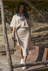 moteriskas komplektas megztas su długą dopasowaną spódnicą su guma sviesus beż NU464