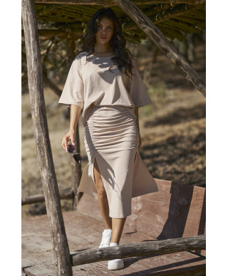 moteriskas komplektas megztas su długą dopasowaną spódnicą su guma sviesus beż NU464