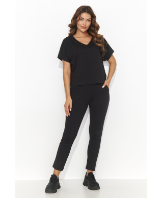 Moteriškas lengvo trikotažo komplektas su marškinėliais ir ilgomis kelnėmis juodas NU472
