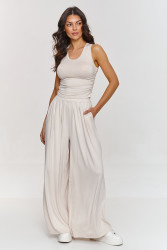 komplektas viskozinis - topas ir placios kelnes sviesus beż M871