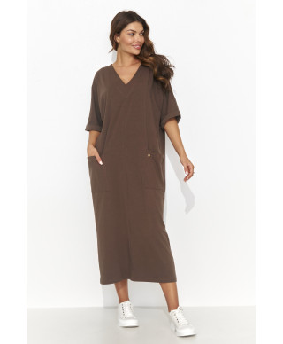 Brīva gara kleita ar kabatām šokolādes NU473