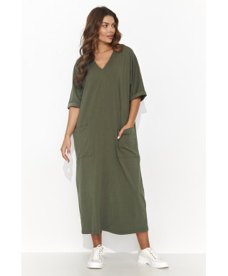 laisva ilga suknele su kisenemis chaki NU473