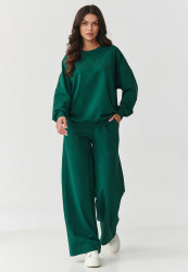 komplektas dresowy su szerokimi nogawkami ir haftowaną aplikacją butelkowa zieleń M890