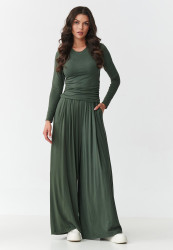 komplektas viskozinis su marszczoną bluzką ir szerokimi spodniami chaki M892