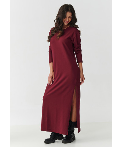 suknele maxi ilgomis rankovemis ir rozcięciem bordo M901