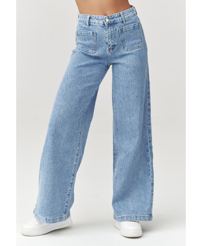 Džinsinės moteriškos kelnės plačiomis klešnėmis denim C32