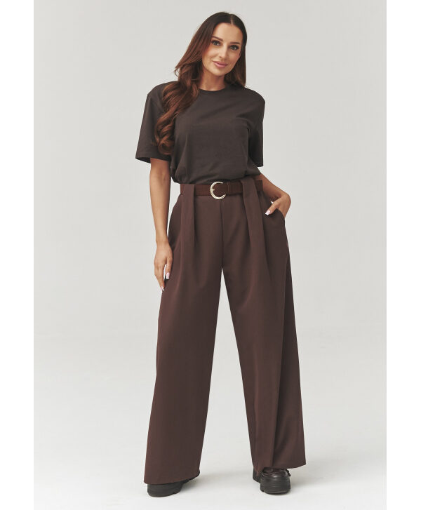 Elegantiškos plačios kelnės su klostėmis šokoladinės C34