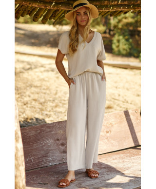 moteriskas komplektas su szerokimi spodniami sviesus beż M831