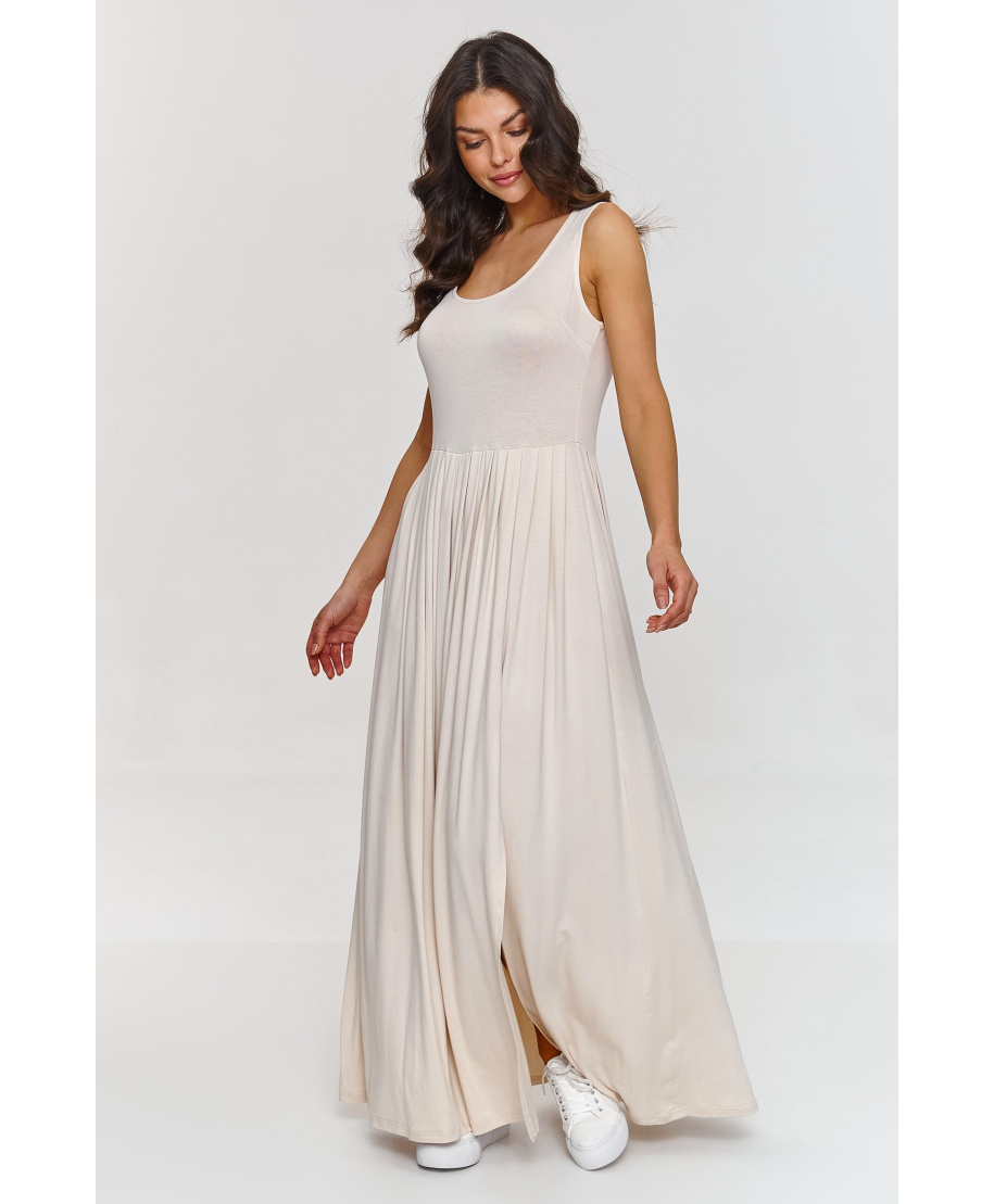 elegantiska suknele maxi su zakładkami sviesus beż M874