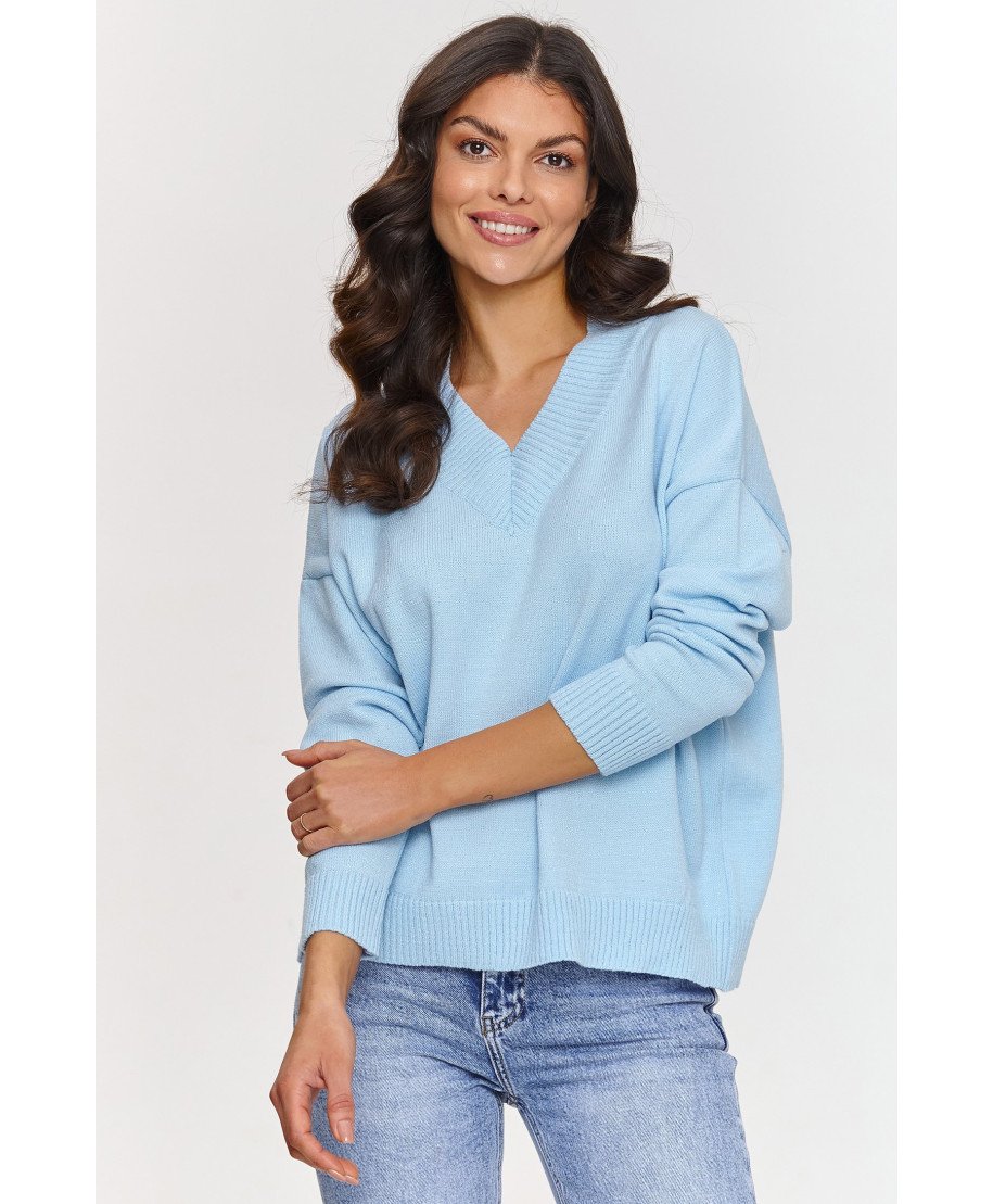 Klasikinis viskozės megztinis su V formos iškirpte žydras S158