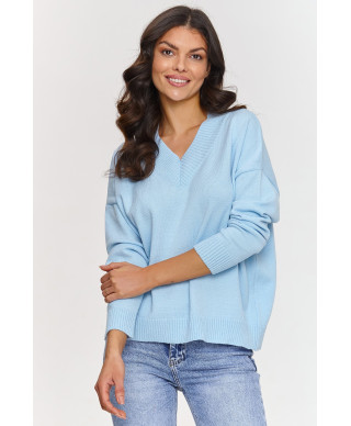 Klasikinis viskozės megztinis su V formos iškirpte žydras S158