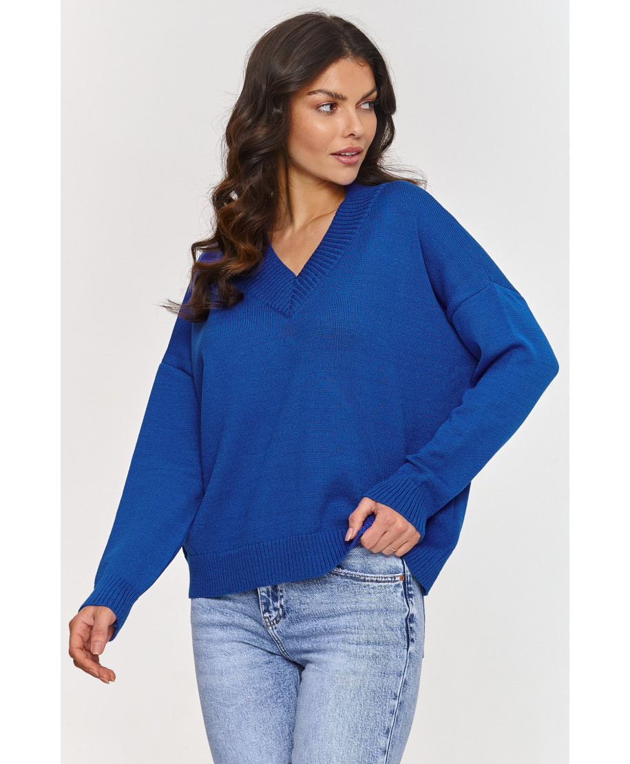 klasikinis megztinis viskozinis su iskirpte V kobaltowy S158