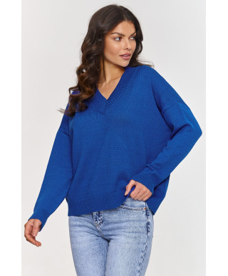 Klasikinis viskozės megztinis su V formos iškirpte kobalto spalvos S158