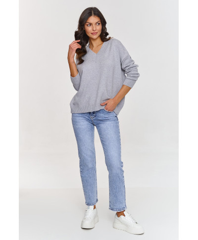 Klasikinis viskozės megztinis su V formos iškirpte pilkas melanžas S158