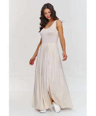 elegantiska suknele maxi su zakładkami sviesus beż M874