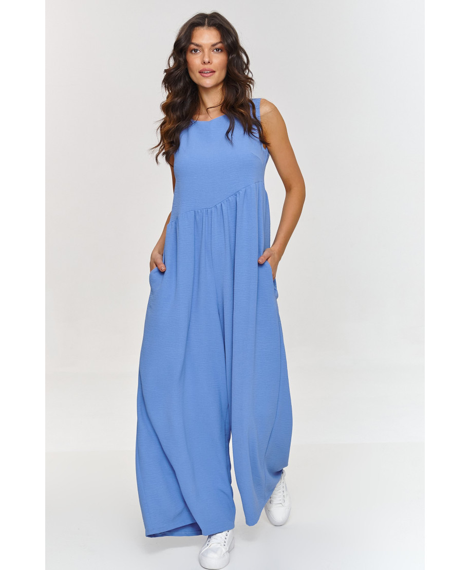 Laisvas maksi kombinezonas plačiomis džinsinėmis kelnėmis M887