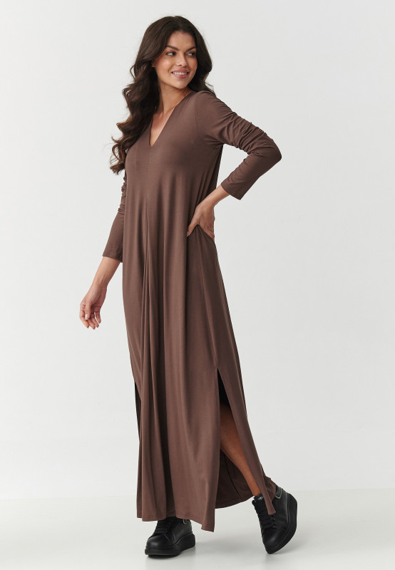 viskozine suknele maxi su rozcięciami sokoladine M895