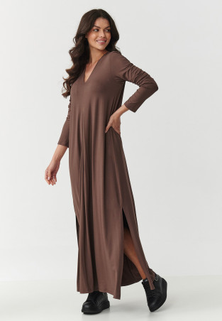viskozine suknele maxi su rozcięciami sokoladine M895