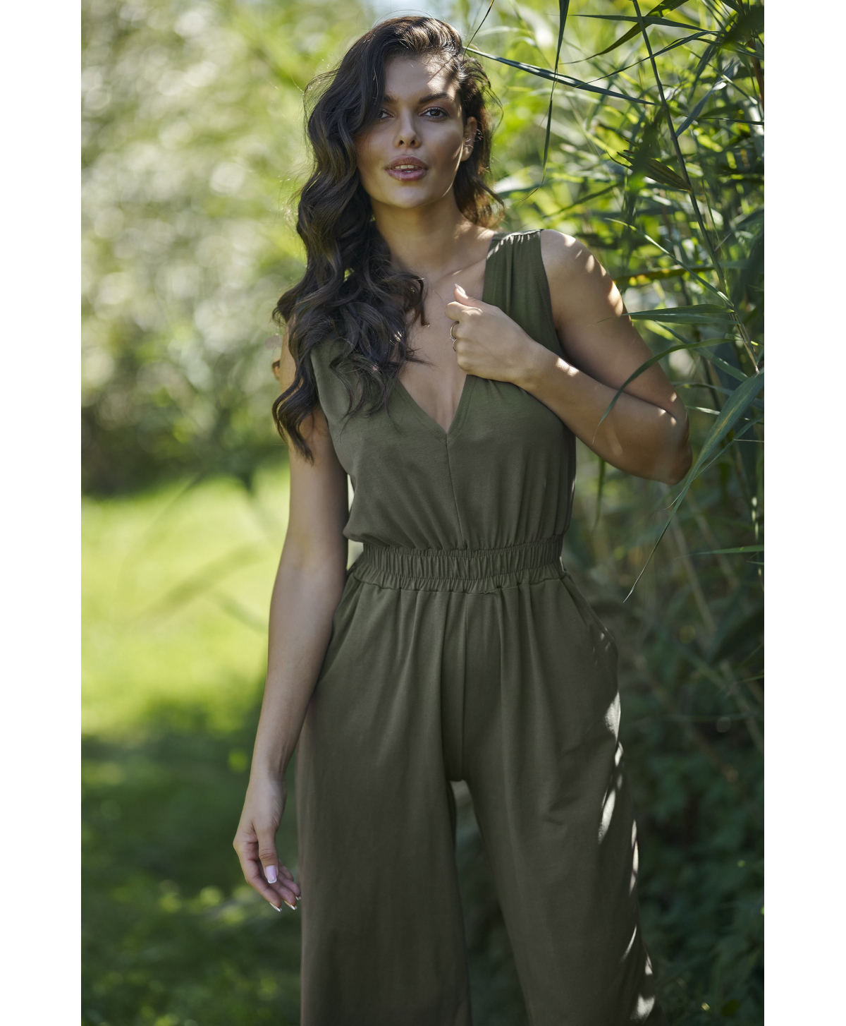 Moteriškas megztas kombinezonas su ⅞ ilgio kelnėmis chaki NU465