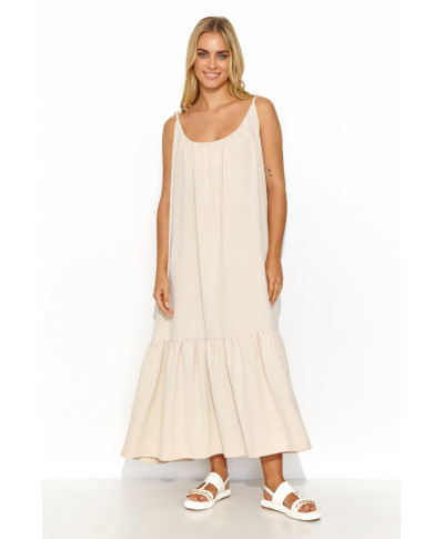 Gara brīva kleita ar sasienamām lencītēm gaiši bēša M836