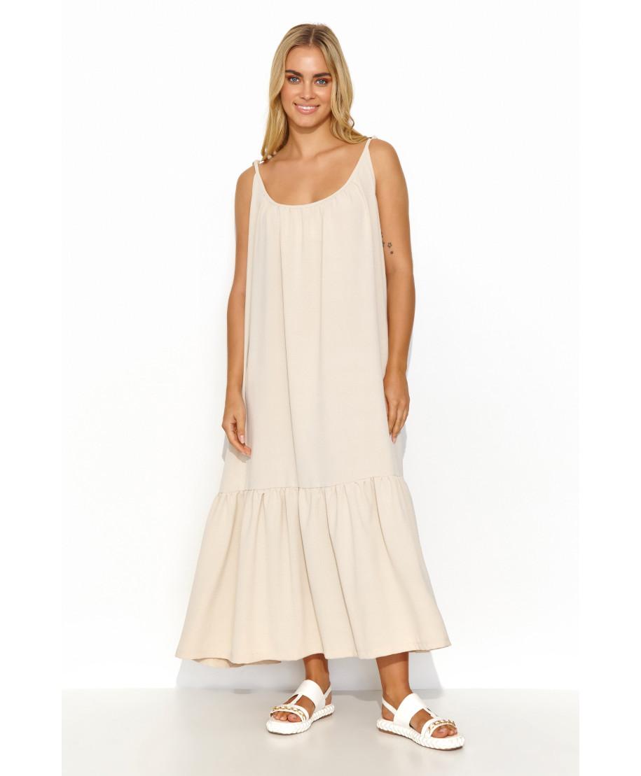 Ilga laisva suknelė su surišamomis petnešėlėmis šviesiai smėlio M836