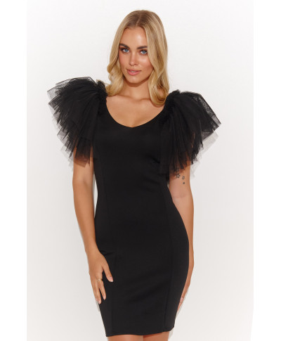 aptempta suknele mini tiulinemis rankovemis juoda M815