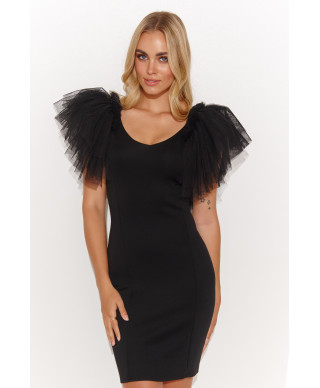 aptempta suknele mini tiulinemis rankovemis juoda M815