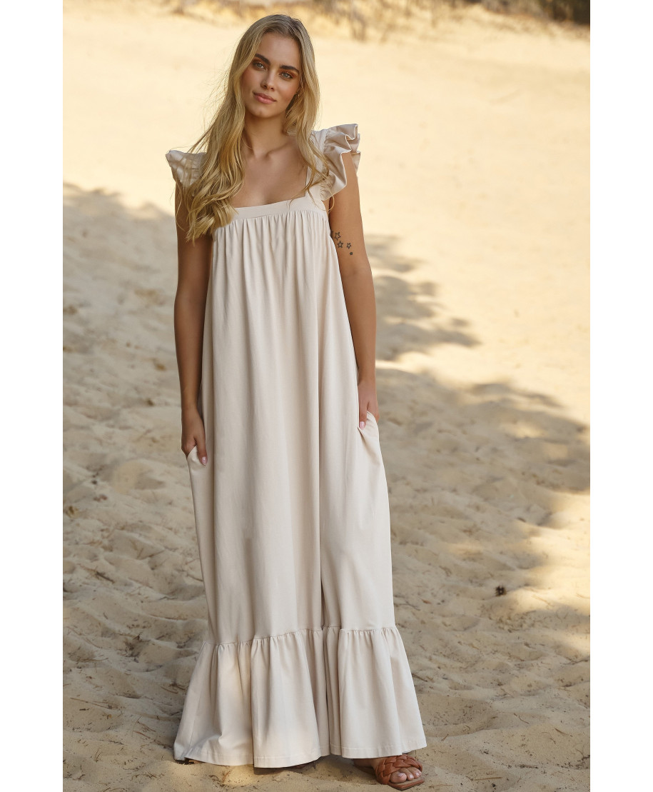 Suknelė ilga su raukiniais šviesiai smėlio spalvos M817