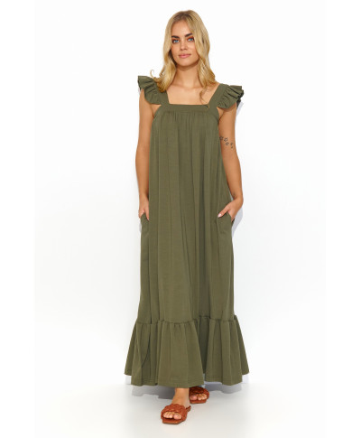 Suknelė ilga su raukiniais chaki M817