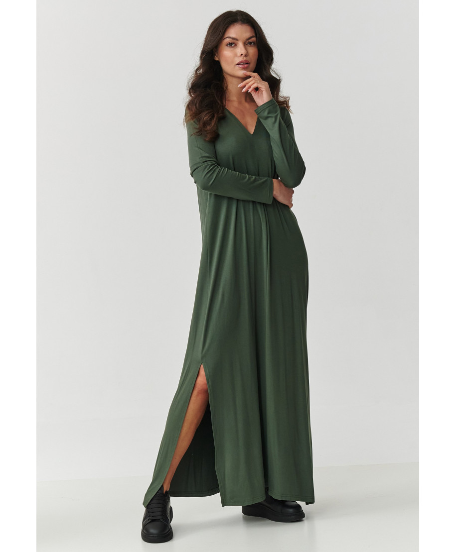 Viskozes maksi kleita ar šķēlumiem haki M895