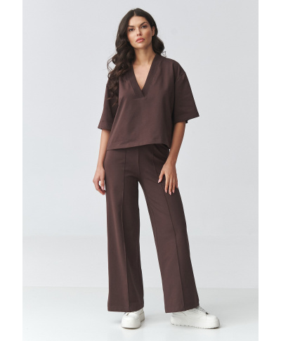 Komplektas moterims su plačiomis kelnėmis tamsi šokolado M921