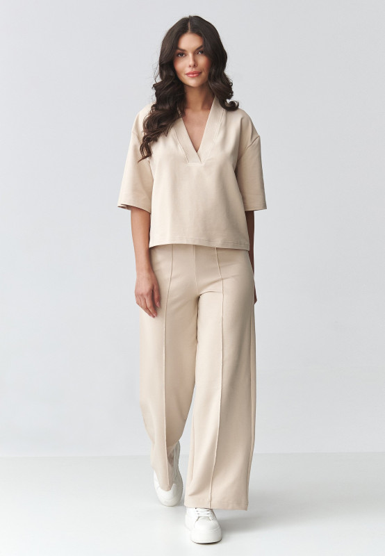 komplektas moteriskas su szerokimi spodniami sviesus beż M921