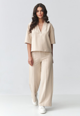 komplektas moteriskas su szerokimi spodniami sviesus beż M921
