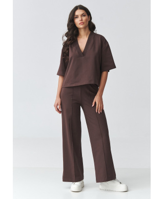 Komplektas moterims su plačiomis kelnėmis tamsi šokolado M921