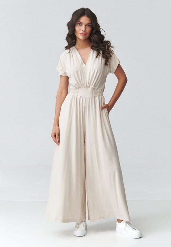 elegantiskas kombinezonas moteriskas su szerokimi nogawkami sviesus beż M924