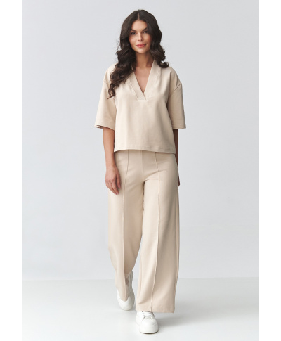 Komplektas moterims su plačiomis kelnėmis šviesiai smėlio M921