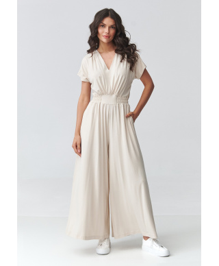 Elegants sieviešu kombinezons ar platām starām gaiši bēšs M924