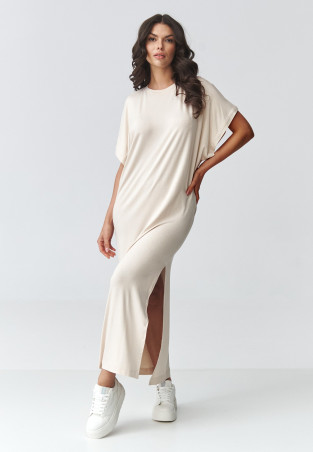 laisva suknele maxi su skiliu sviesus beż M927