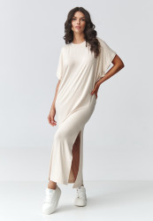 laisva suknele maxi su skiliu sviesus beż M927