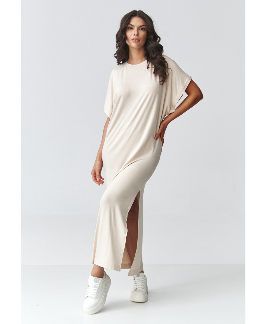 Brīva maksi kleita ar šķēlumu gaiši bēša M927